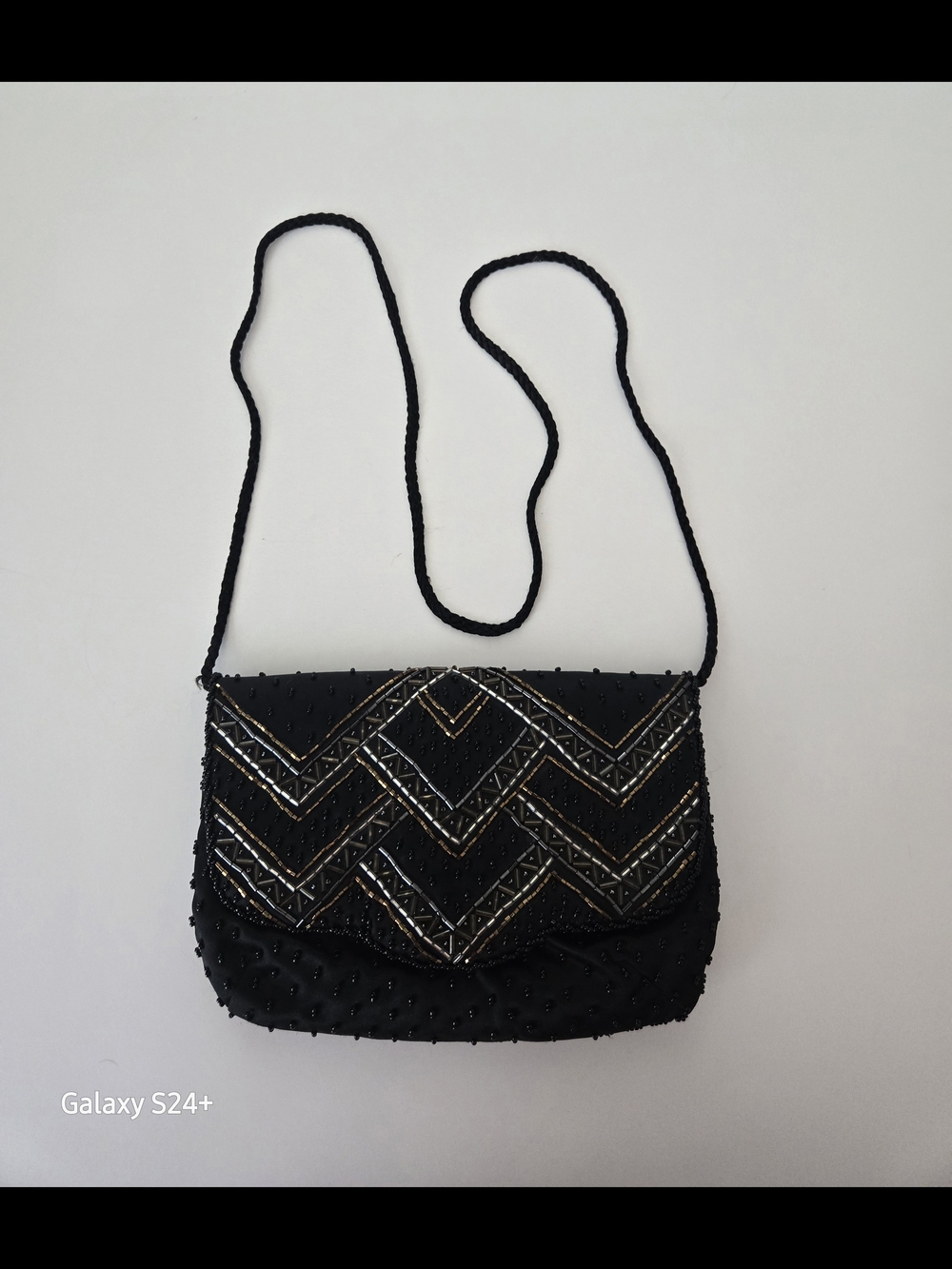 Black Hand Beaded Chevron Envelope Evening Bag with Braided Strap